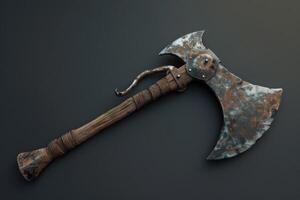 Rusty fantasy axe resting on dark background photo