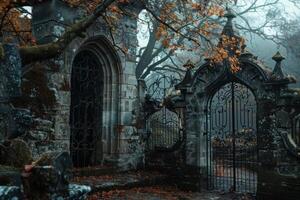 Old wrought iron gate leading to mysterious overgrown cemetery in autumn photo