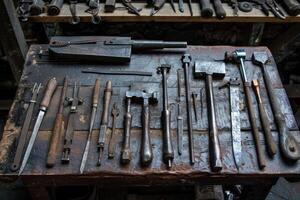 Old, rusty tools are lying on a workbench in a workshop photo