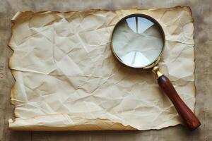 Magnifying glass resting on old parchment paper with copy space photo