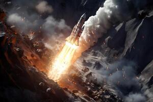 Thrilling rocket launch amidst rugged terrain photo