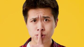 Asian young man is making a shushing gesture with his finger on his lips, looking directly at the camera with a serious expression against a bright yellow backdrop. video