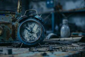 Old alarm clock showing time passing in abandoned factory photo