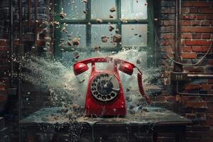 Red rotary phone exploding with rocks and water splashing in an abandoned room photo