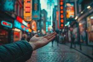 Tourist showing open hand in city with neon lights photo