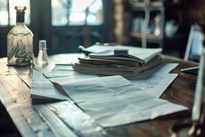 Architect working on blueprints at wooden desk with tools and papers photo