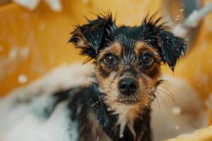 Small dog taking a bath and looking directly at viewer photo