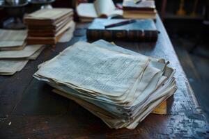 Stack of old handwritten letters on a desk is showing the passage of time photo