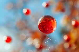 Red soap bubble with water droplets falling in front of a colorful bokeh background photo