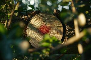 Sunlight illuminating cross section of tree trunk in forest photo
