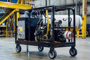 Industrial equipment standing in empty factory workshop photo