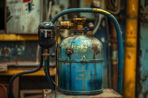 Old rusty acetylene gas cylinder standing in workshop photo