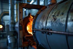 Industrial gas burner operating with open flame heating system photo