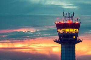 Airport control tower standing tall at sunset with dramatic clouds photo