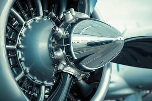 Closeup of propeller engine of a small airplane being parked photo