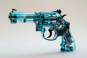 Transparent gun showing inner workings on white background photo