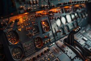 Airplane cockpit control panel showing flight instruments photo