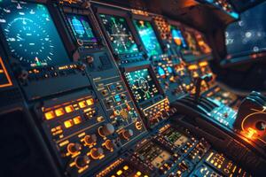 Airplane cockpit control panel showing flight data during night flight photo