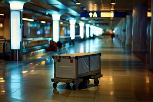 Empty luggage cart standing in deserted airport terminal photo