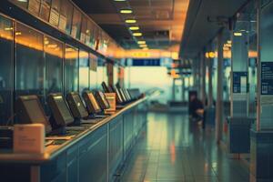 Row of empty check in counters waiting for passengers at the airport photo