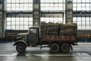 Old military truck parked inside building with cargo on a sunny day photo