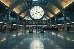 Large clock hanging from ceiling in empty airport terminal photo
