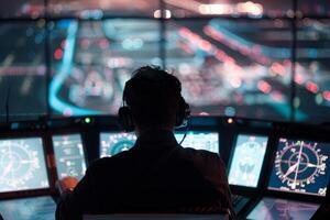 Air traffic controller managing departure and arrival operations inside control tower photo