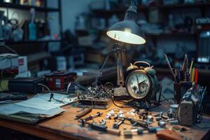 Old alarm clock sitting on workbench of technician repairing electronics in workshop photo