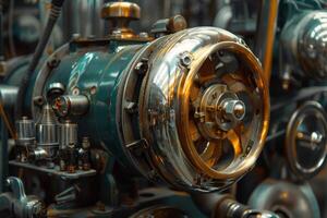 Old machine with chrome and brass details is working in the factory photo