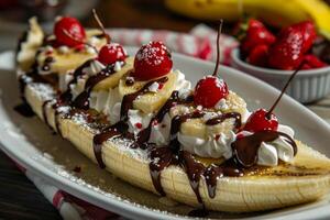 Banana split laying on a plate covered in chocolate, cherries, and whipped cream being dusted with powdered sugar photo