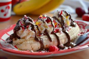 Banana split dessert drizzled with chocolate sauce on red plate photo