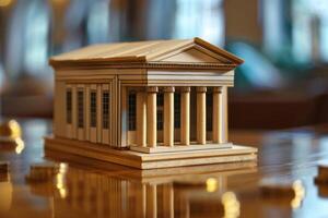 Miniature model of bank building with columns surrounded by coins photo