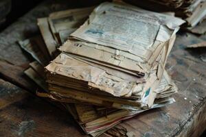 Stack of old papers with torn edges resting on wooden surface photo