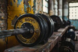 Close up of barbell and weights in old gym setting photo