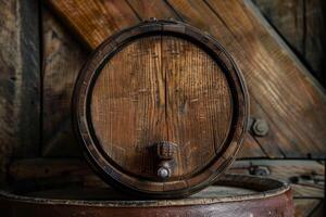 Old wooden barrel resting on top of another barrel in a rustic cellar photo