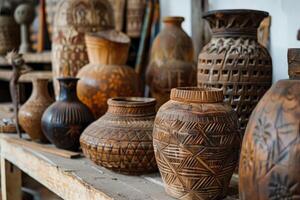 Wooden vases showing traditional african art standing on workshop table photo