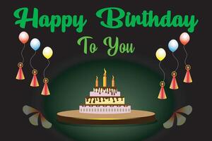 Happy birthday celebration background and stage design with colorful balloon and cake design in darken green field. vector