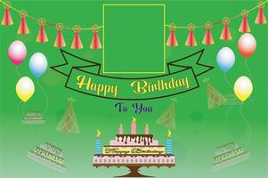 Happy birthday celebration background and stage design with colorful balloon and cake design in green field. vector
