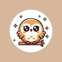 An illustration of a cute, chubby little owl with big sparkling eyes and tiny wings, perched on a branch vector