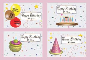 Happy birthday card design template. Greeting cards with cake, different color helium balloons, party hat and cake. vector