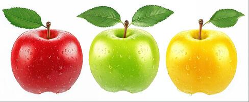 Different types of apples with leaf and water drops isolated on white background, hight detailed upscaled image photo