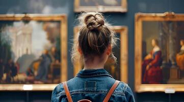 Students visiting the museum of art painting and enjoying the art gallery. photo