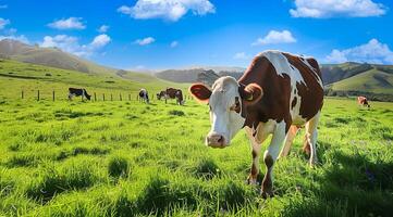 Cows and livestock grazing on a green pasture field. Clean healthy meat and food in agriculture. photo