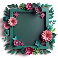Green Frame Adorned With Paper Cut Flowers. photo