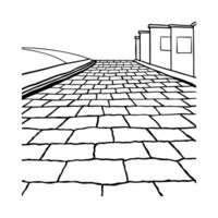 a black and white drawing of a street with a brick path vector