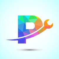 Graphic alphabet P with wrench. Logo for mechanical, technology, repair service , automotive business low poly Style vector
