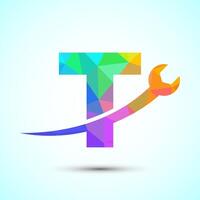 Graphic alphabet T with wrench. Logo for mechanical, technology, repair service , automotive business low poly Style vector