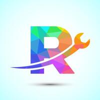 Graphic alphabet R with wrench. Logo for mechanical, technology, repair service , automotive business low poly Style vector