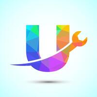 Graphic alphabet U with wrench. Logo for mechanical, technology, repair service , automotive business low poly Style vector
