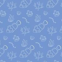 Seamless pattern with clownfish and coral in a linear style on a blue background. This underwater themed illustration is perfect for fabric, wallpaper and marine design. vector